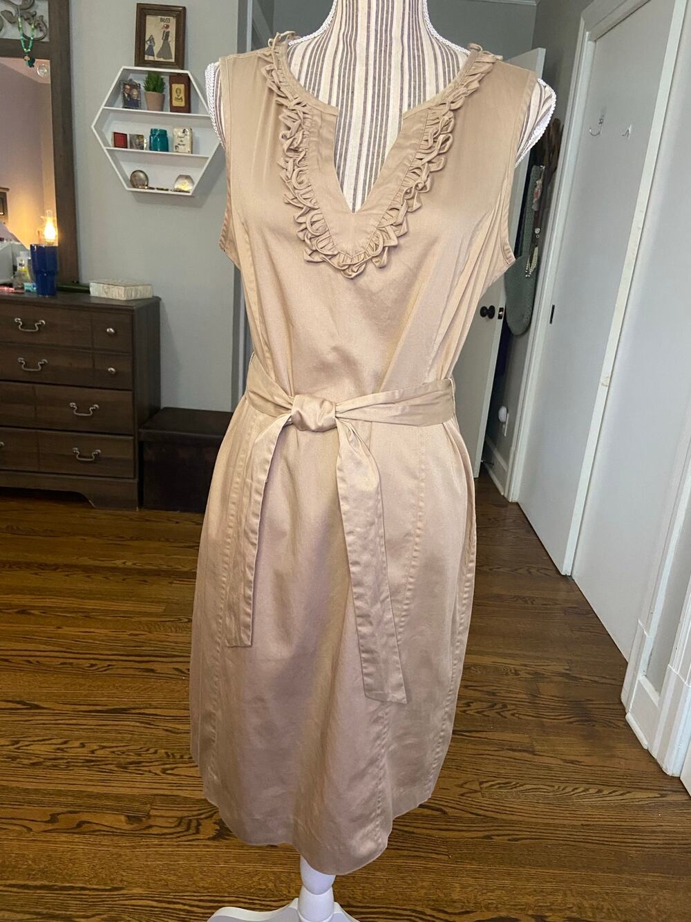 Talbots safari tan dress with loop neckline detail and back zipper entry